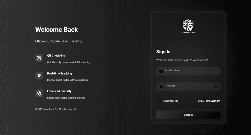 Guard Track Pro desktop dashboard with GPS patrol verification